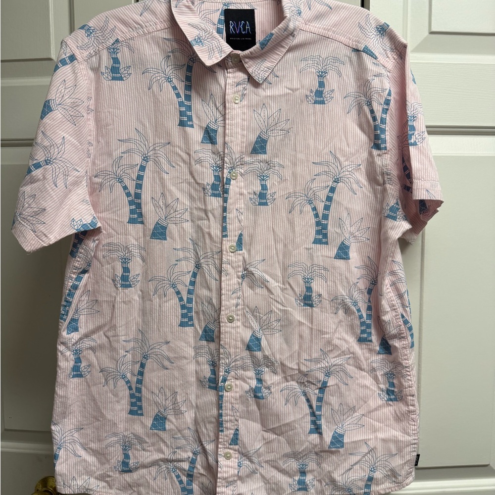 RVCA Pink and Blue Palm Tree Men's Shirt